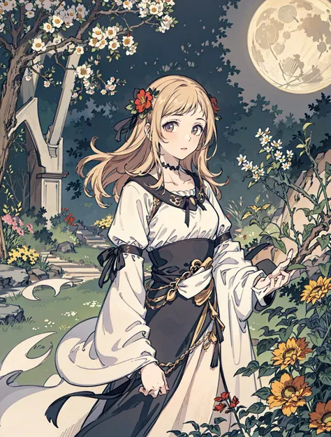 best quality, high_resolution, distinct_image, detailed background ,girl, flower,garden,moon, <lora:sakuragiManoTHEIDOLM_v10:1>