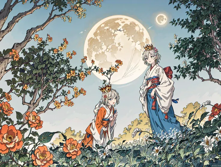best quality, high_resolution, distinct_image, detailed background ,girl, hanbok,flower,garden,moon, night,dutch angle, wide shot, crown,<lora:anastasiaTHEIdolmSTER_anastasiaV10:1>