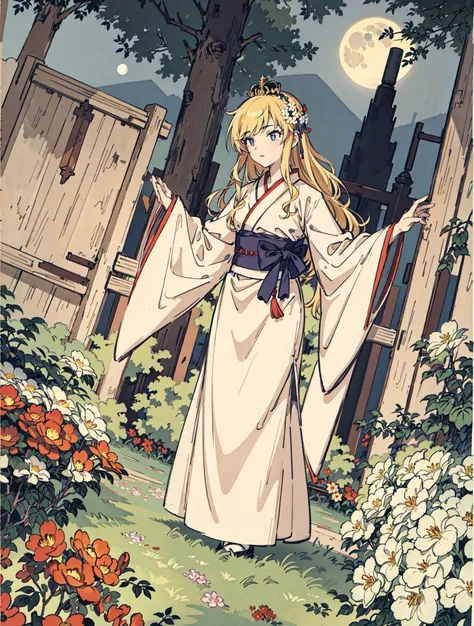 best quality, high_resolution, distinct_image, detailed background ,girl, hanbok,flower,garden,moon, night,dutch angle, wide shot, crown, <lora:ohtsukiYuiTHEIDOLMSTER_v10:1>