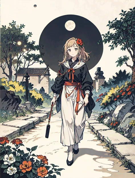 best quality, high_resolution, distinct_image, detailed background ,girl, flower,garden,moon, <lora:sakuragiManoTHEIDOLM_v10:1>