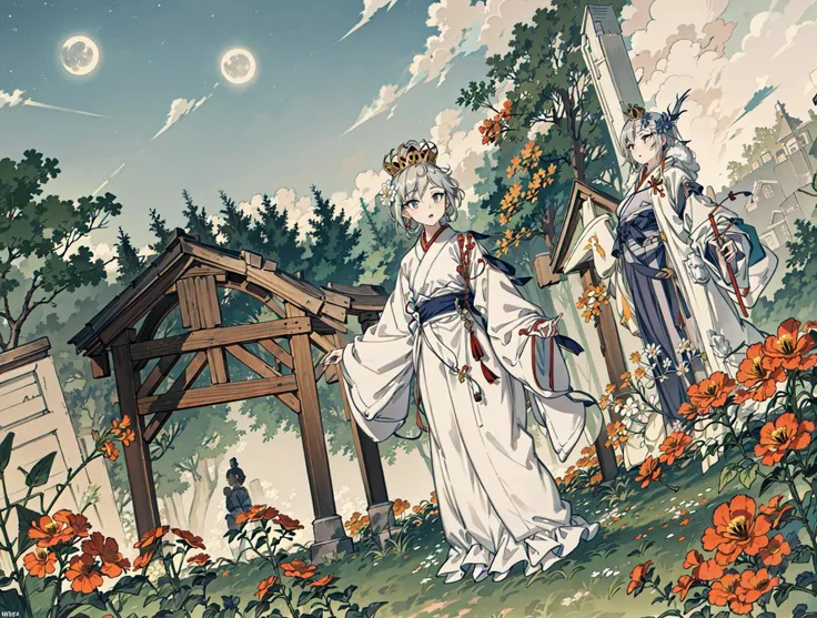 best quality, high_resolution, distinct_image, detailed background ,girl, hanbok,flower,garden,moon, night,dutch angle, wide shot, crown,<lora:anastasiaTHEIdolmSTER_anastasiaV10:1>