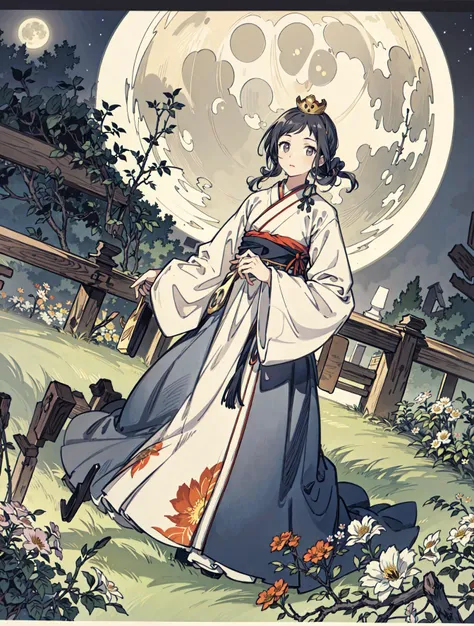 best quality, high_resolution, distinct_image, detailed background ,girl, hanbok,flower,garden,moon, night,dutch angle, wide shot, crown, <lora:sakuragiManoTHEIDOLM_v10:1>