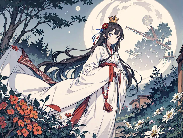 best quality, high_resolution, distinct_image, detailed background ,girl, hanbok,flower,garden,moon, night,dutch angle, wide shot, crown, <lora:kobayakawaSaeIdolm_delta:1>