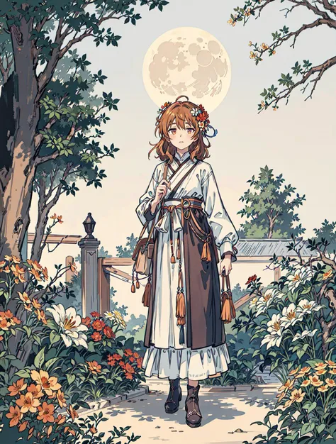 best quality, high_resolution, distinct_image, detailed background ,girl, flower,garden,moon, <lora:arakiHinaTHEIdolmSTER_v11:1>