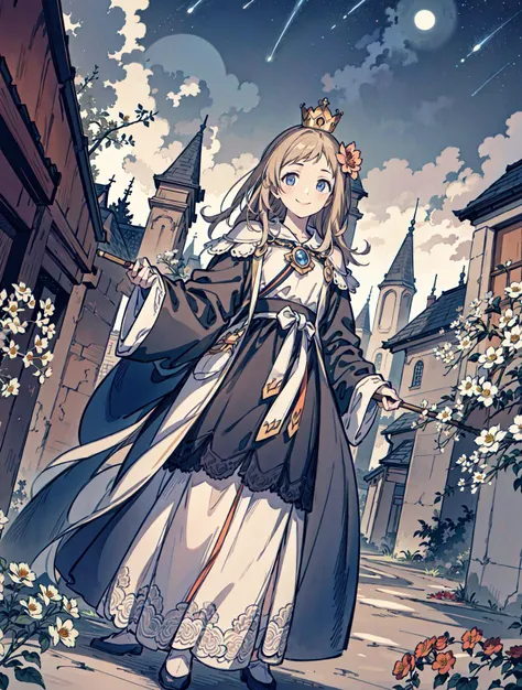best quality, high_resolution, distinct_image, detailed background ,girl, random wear,flower, night sky,dutch angle, wide shot,shy smile, crown, <lora:sakuragiManoTHEIDOLM_v10:1>