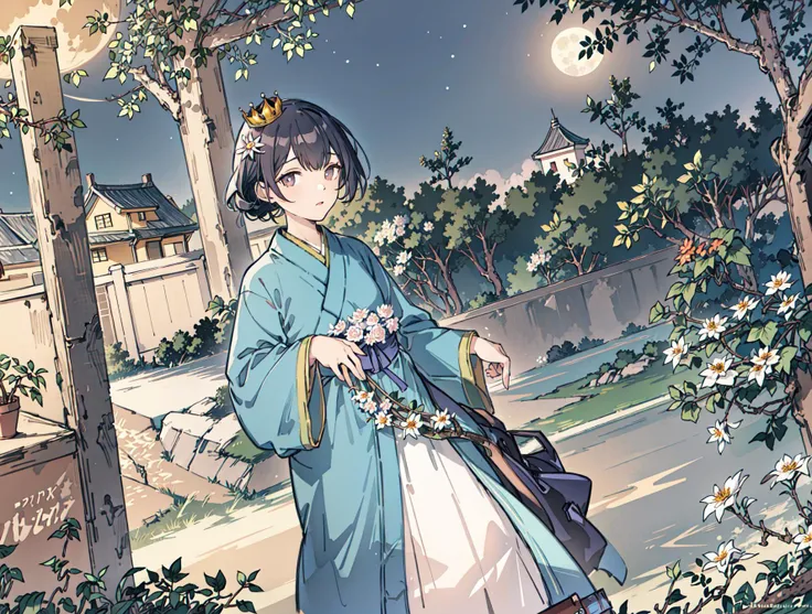 best quality, high_resolution, distinct_image, detailed background ,girl, hanbok,flower,garden,moon, night,dutch angle, wide shot, crown, <lora:morinoRinzeTHEIDOLMSTER_v10:1>