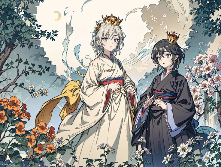 best quality, high_resolution, distinct_image, detailed background ,girl, hanbok,flower,garden,moon, night,dutch angle, wide shot, crown,<lora:anastasiaTHEIdolmSTER_anastasiaV10:1>