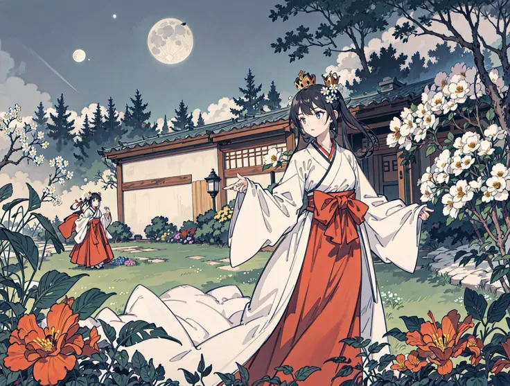 best quality, high_resolution, distinct_image, detailed background ,girl, hanbok,flower,garden,moon, night,dutch angle, wide shot, crown, <lora:kobayakawaSaeIdolm_delta:1>