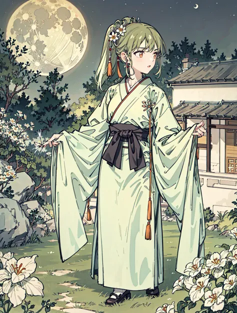 best quality, high_resolution, distinct_image, detailed background ,girl, hanbok,flower,garden,moon, night,<lora:nanakusaNichikaTHEIDOLM_v10:1>