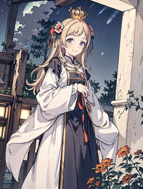 best quality, high_resolution, distinct_image, detailed background ,girl, random wear,flower, night sky,dutch angle, wide shot,shy smile, crown, <lora:sakuragiManoTHEIDOLM_v10:1>