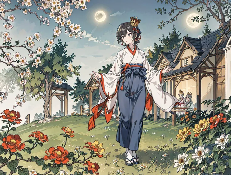 best quality, high_resolution, distinct_image, detailed background ,girl, hanbok,flower,garden,moon, night,dutch angle, wide shot, crown,<lora:anastasiaTHEIdolmSTER_anastasiaV10:1>