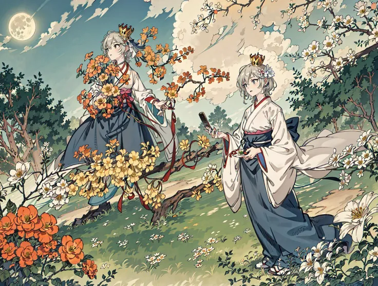 best quality, high_resolution, distinct_image, detailed background ,girl, hanbok,flower,garden,moon, night,dutch angle, wide shot, crown,<lora:anastasiaTHEIdolmSTER_anastasiaV10:1>