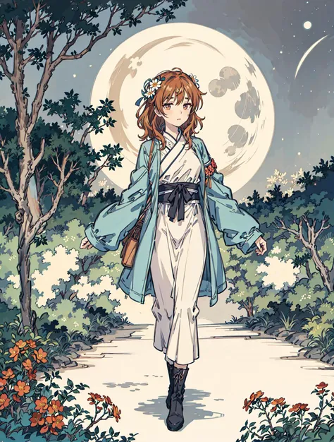 best quality, high_resolution, distinct_image, detailed background ,girl, flower,garden,moon, <lora:arakiHinaTHEIdolmSTER_v11:1>