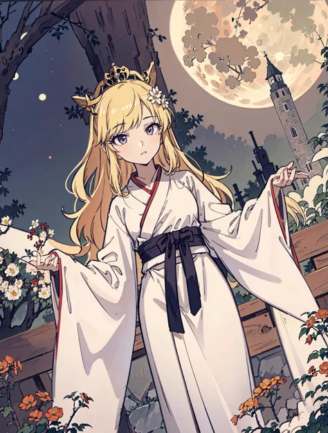 best quality, high_resolution, distinct_image, detailed background ,girl, hanbok,flower,garden,moon, night,dutch angle, wide shot, crown, <lora:ohtsukiYuiTHEIDOLMSTER_v10:1>
