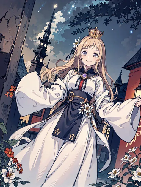 best quality, high_resolution, distinct_image, detailed background ,girl, random wear,flower, night sky,dutch angle, wide shot,shy smile, crown, <lora:sakuragiManoTHEIDOLM_v10:1>