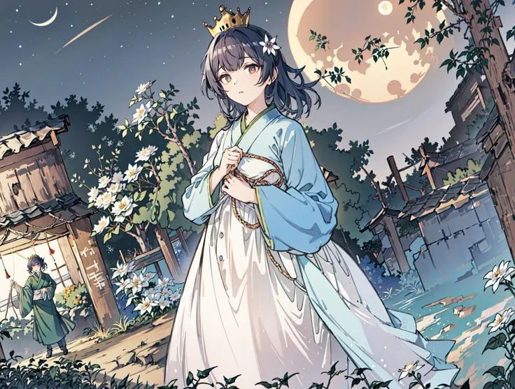 best quality, high_resolution, distinct_image, detailed background ,girl, hanbok,flower,garden,moon, night,dutch angle, wide shot, crown, <lora:morinoRinzeTHEIDOLMSTER_v10:1>
