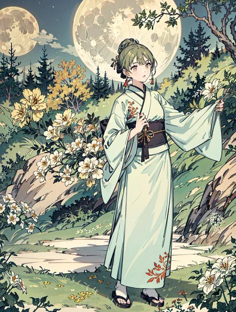 best quality, high_resolution, distinct_image, detailed background ,girl, hanbok,flower,garden,moon, night,<lora:nanakusaNichikaTHEIDOLM_v10:1>