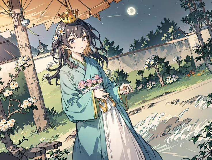 best quality, high_resolution, distinct_image, detailed background ,girl, hanbok,flower,garden,moon, night,dutch angle, wide shot, crown, <lora:morinoRinzeTHEIDOLMSTER_v10:1>