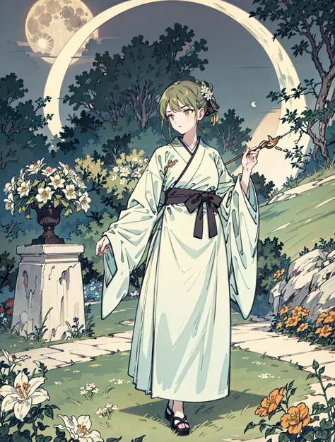 best quality, high_resolution, distinct_image, detailed background ,girl, hanbok,flower,garden,moon, night,<lora:nanakusaNichikaTHEIDOLM_v10:1>