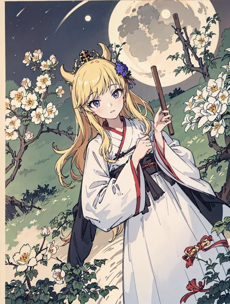 best quality, high_resolution, distinct_image, detailed background ,girl, hanbok,flower,garden,moon, night,dutch angle, wide shot, crown, <lora:ohtsukiYuiTHEIDOLMSTER_v10:1>