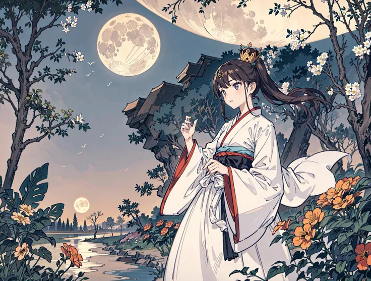best quality, high_resolution, distinct_image, detailed background ,girl, hanbok,flower,garden,moon, night,dutch angle, wide shot, crown, <lora:kobayakawaSaeIdolm_delta:1>