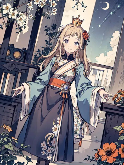 best quality, high_resolution, distinct_image, detailed background ,girl, random wear,flower, night sky,dutch angle, wide shot,shy smile, crown,  <lora:sakuragiManoTHEIDOLM_v10:1>