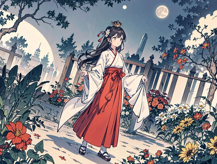 best quality, high_resolution, distinct_image, detailed background ,girl, hanbok,flower,garden,moon, night,dutch angle, wide shot, crown, <lora:kobayakawaSaeIdolm_delta:1>