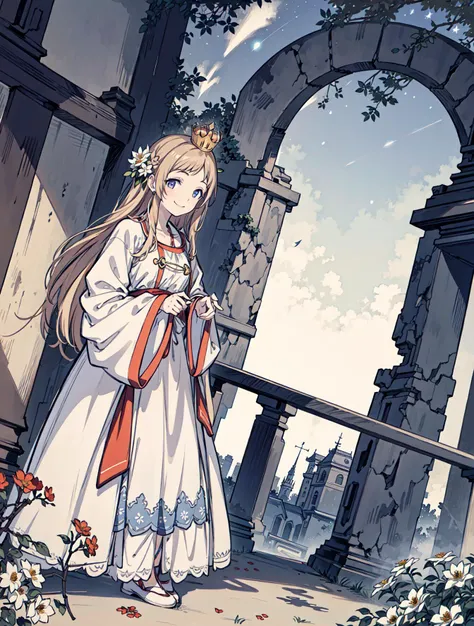 best quality, high_resolution, distinct_image, detailed background ,girl, random wear,flower, night sky,dutch angle, wide shot,shy smile, crown,  <lora:sakuragiManoTHEIDOLM_v10:1>