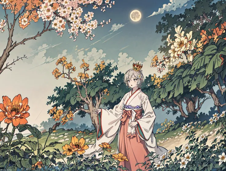 best quality, high_resolution, distinct_image, detailed background ,girl, hanbok,flower,garden,moon, night,dutch angle, wide shot, crown,<lora:anastasiaTHEIdolmSTER_anastasiaV10:1>