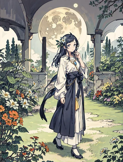 best quality, high_resolution, distinct_image, detailed background ,girl, flower,garden,moon, <lora:sakuragiManoTHEIDOLM_v10:1>