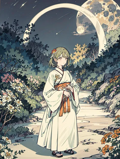 best quality, high_resolution, distinct_image, detailed background ,girl, hanbok,flower,garden,moon, night,<lora:nanakusaNichikaTHEIDOLM_v10:1>