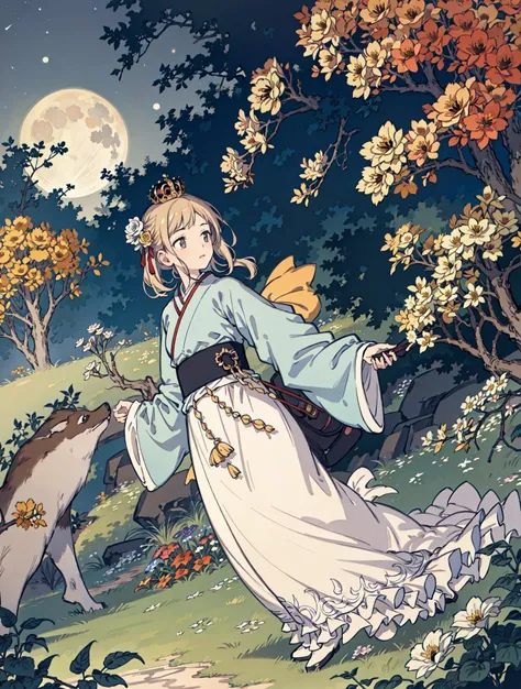 best quality, high_resolution, distinct_image, detailed background ,girl, hanbok,flower,garden,moon, night,dutch angle, wide shot, crown, <lora:sakuragiManoTHEIDOLM_v10:1>