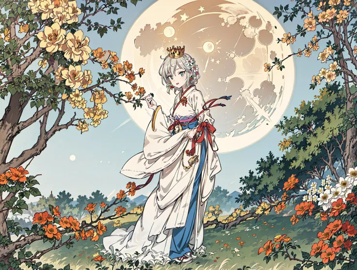 best quality, high_resolution, distinct_image, detailed background ,girl, hanbok,flower,garden,moon, night,dutch angle, wide shot, crown,<lora:anastasiaTHEIdolmSTER_anastasiaV10:1>