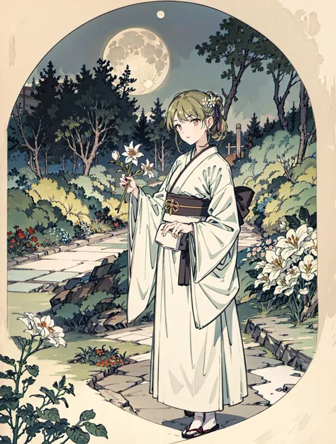 best quality, high_resolution, distinct_image, detailed background ,girl, hanbok,flower,garden,moon, night,<lora:nanakusaNichikaTHEIDOLM_v10:1>