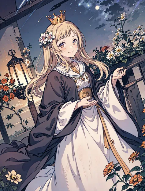 best quality, high_resolution, distinct_image, detailed background ,girl, random wear,flower, night sky,dutch angle, wide shot,shy smile, crown, <lora:sakuragiManoTHEIDOLM_v10:1>