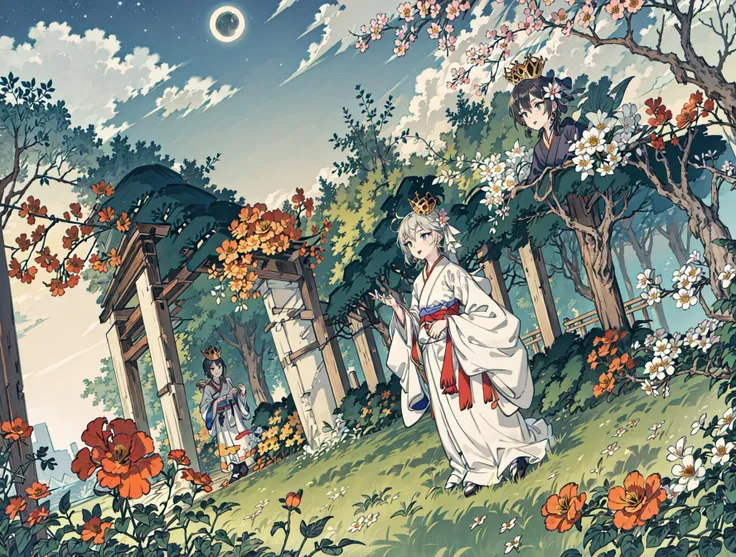 best quality, high_resolution, distinct_image, detailed background ,girl, hanbok,flower,garden,moon, night,dutch angle, wide shot, crown,<lora:anastasiaTHEIdolmSTER_anastasiaV10:1>