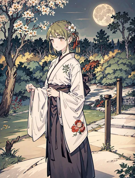 best quality, high_resolution, distinct_image, detailed background ,girl, hanbok,flower,garden,moon, night,<lora:nanakusaNichikaTHEIDOLM_v10:1>