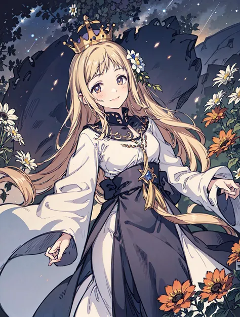 best quality, high_resolution, distinct_image, detailed background ,girl, random wear,flower, night sky,dutch angle, wide shot,shy smile, crown, <lora:sakuragiManoTHEIDOLM_v10:1>