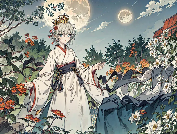 best quality, high_resolution, distinct_image, detailed background ,girl, hanbok,flower,garden,moon, night,dutch angle, wide shot, crown,<lora:anastasiaTHEIdolmSTER_anastasiaV10:1>
