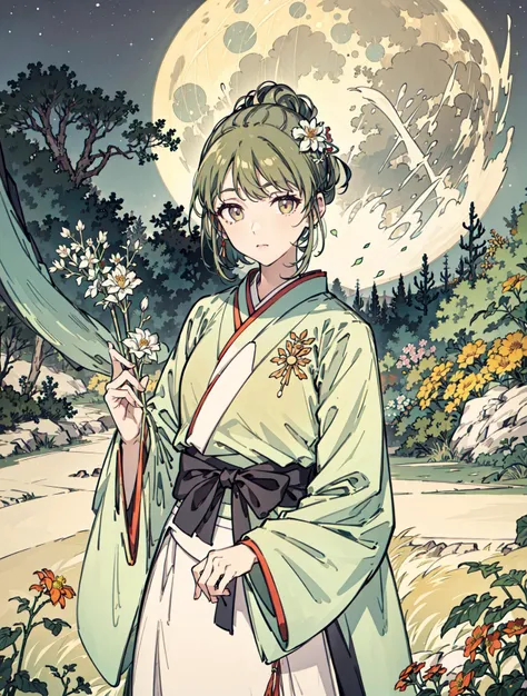 best quality, high_resolution, distinct_image, detailed background ,girl, hanbok,flower,garden,moon, night,<lora:nanakusaNichikaTHEIDOLM_v10:1>