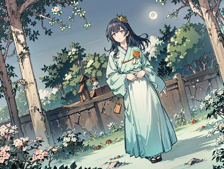 best quality, high_resolution, distinct_image, detailed background ,girl, hanbok,flower,garden,moon, night,dutch angle, wide shot, crown, <lora:morinoRinzeTHEIDOLMSTER_v10:1>