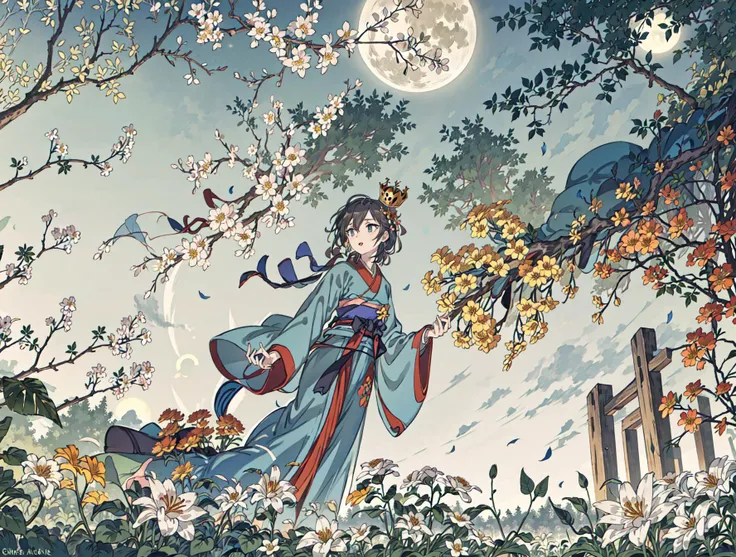 best quality, high_resolution, distinct_image, detailed background ,girl, hanbok,flower,garden,moon, night,dutch angle, wide shot, crown,<lora:anastasiaTHEIdolmSTER_anastasiaV10:1>
