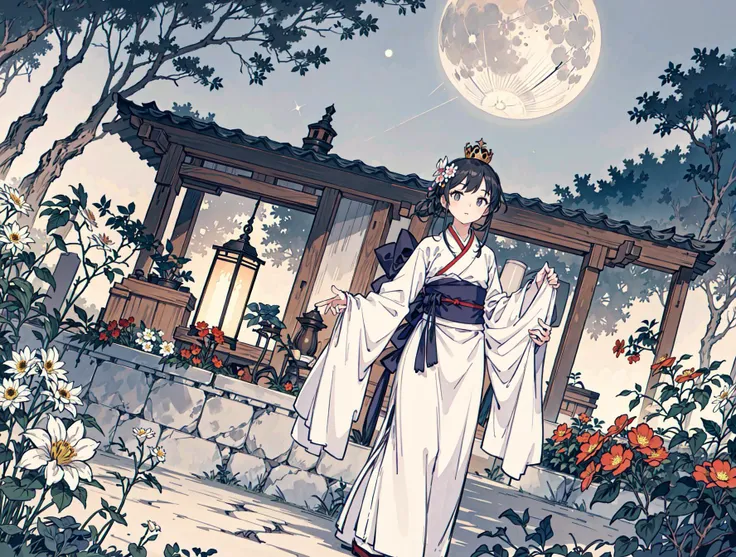 best quality, high_resolution, distinct_image, detailed background ,girl, hanbok,flower,garden,moon, night,dutch angle, wide shot, crown, <lora:kobayakawaSaeIdolm_delta:1>