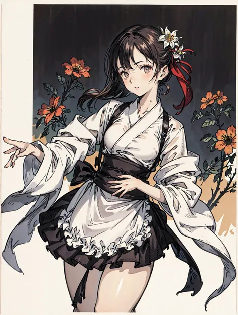 best quality, high_resolution, distinct_image, detailed background ,girl,flower, lain,dutch angle, wet,oriental castle,gothic  hanbok, waist apron,