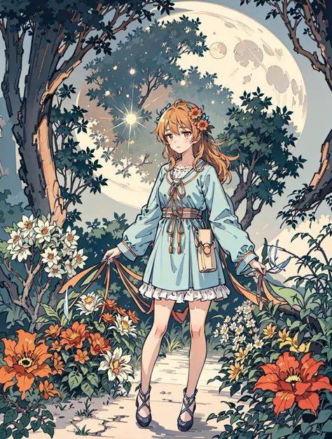 best quality, high_resolution, distinct_image, detailed background ,girl, flower,garden,moon, <lora:arakiHinaTHEIdolmSTER_v11:1>