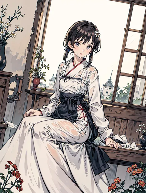 best quality, high_resolution, distinct_image, detailed background ,girl,flower, lain,dutch angle, wet,oriental castle,gothic hanbok, waist apron,
