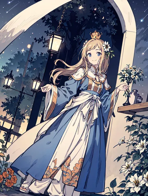 best quality, high_resolution, distinct_image, detailed background ,girl, random wear,flower, night sky,dutch angle, wide shot,shy smile, crown, <lora:sakuragiManoTHEIDOLM_v10:1>