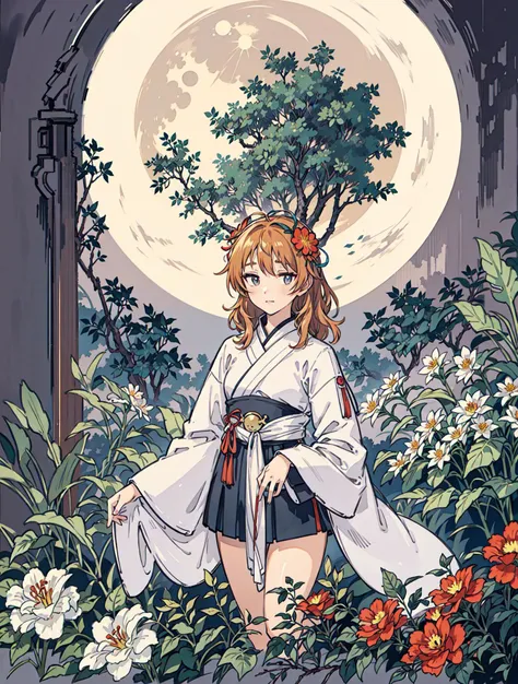 best quality, high_resolution, distinct_image, detailed background ,girl, flower,garden,moon, <lora:arakiHinaTHEIdolmSTER_v11:1>