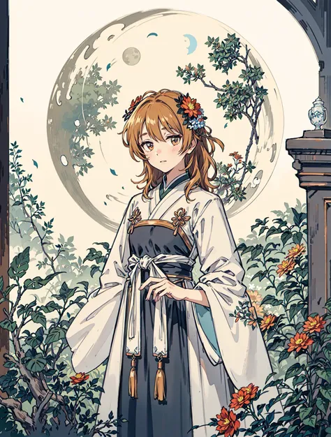 best quality, high_resolution, distinct_image, detailed background ,girl, flower,garden,moon, <lora:arakiHinaTHEIdolmSTER_v11:1>