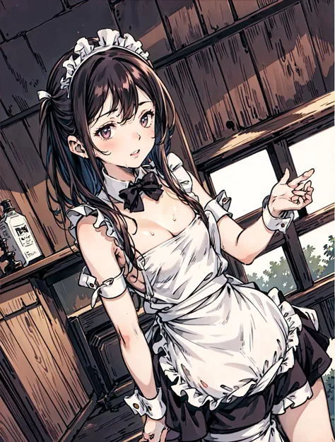 best quality, high_resolution, distinct_image, detailed background ,girl,dutch angle, wet, maid, cafeteria,